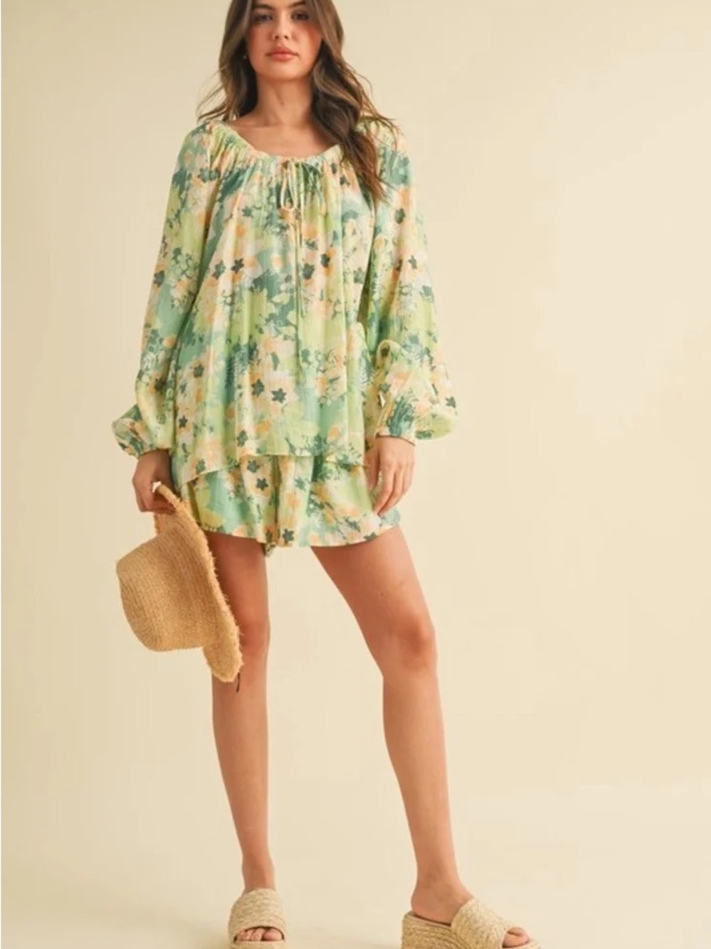 Women’s Floral Green Peasant Top and Short Set